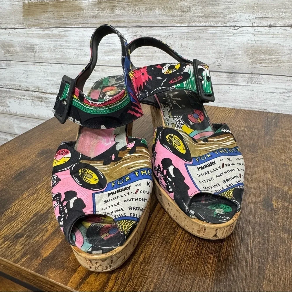 Nicole Miller Silk Platform Wedge Sandals 1960's Jazz Soul Music Pattern Size 7